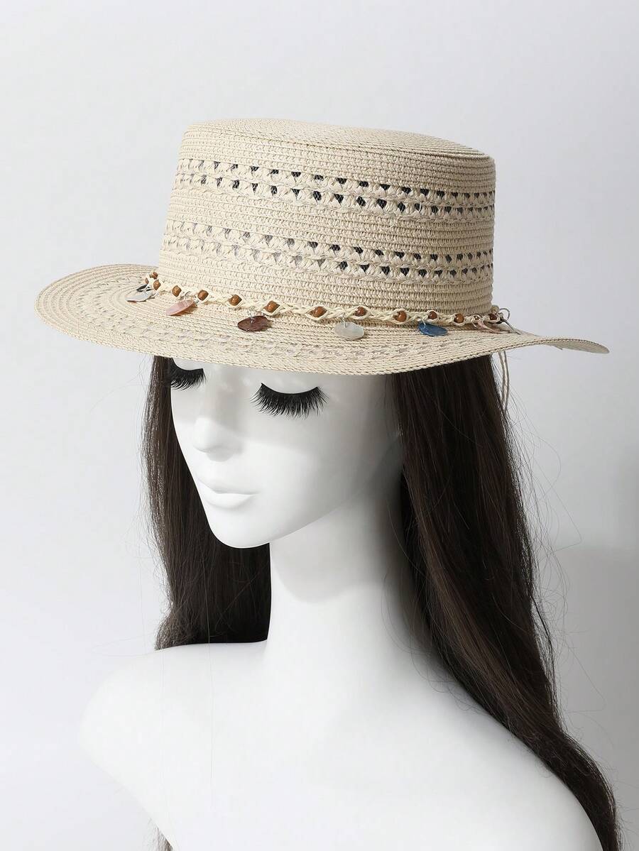 1pc Women's Handwoven Straw Hat, French Style Round Crown Flat Brim Cap, Round Top Bucket Hat, Summer Face-Slimming Sun Hat For Beach Vacation, Photo Shooting And Outdoor Use - Straw Hat - View 1