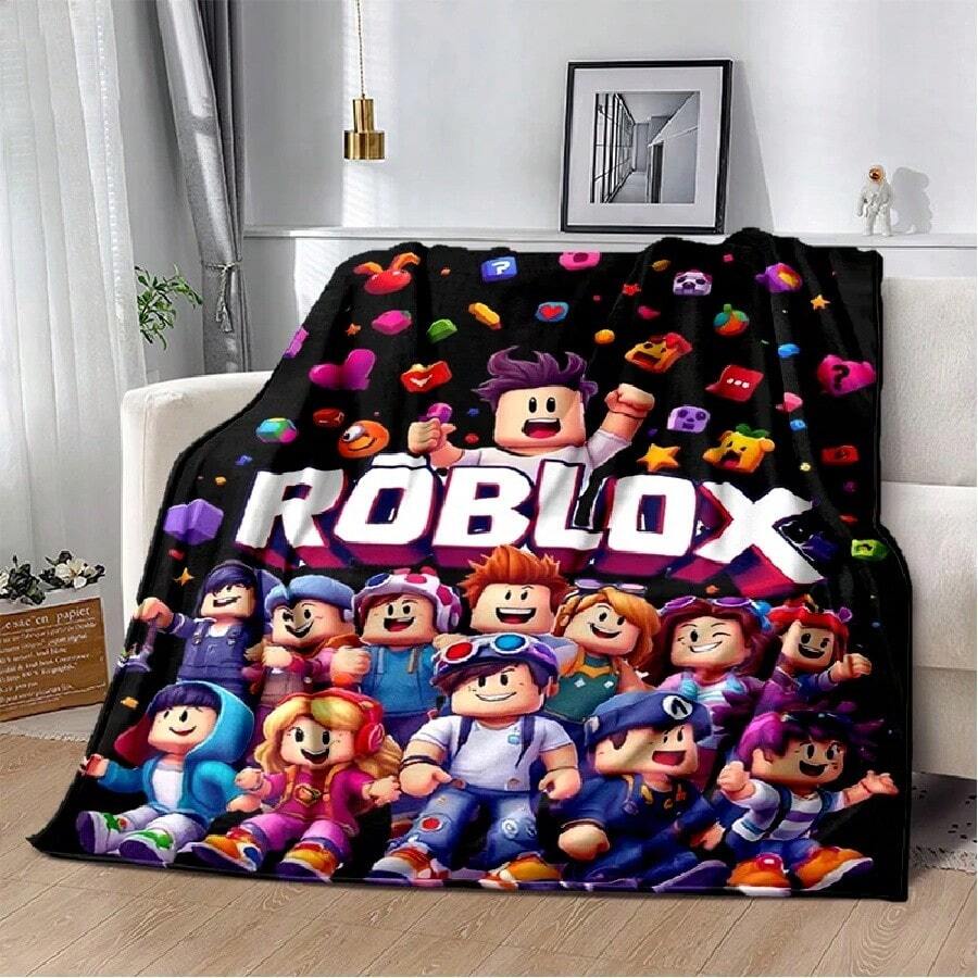 3D Cartoon R-Robloxs Game Flannel Blanket Soft Warm Throw Blanket For Bedroom Living Room Bed Travel Camping Picnic Gift(2).Jpg - 白色 - 查看 1