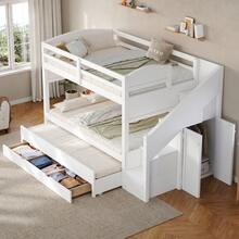Twin XL Bunk Bed With Trundle And And Three Storage Drawers, Storage Staircase And Wardrobe, White - 白色+松木+臥室 - 查看 3