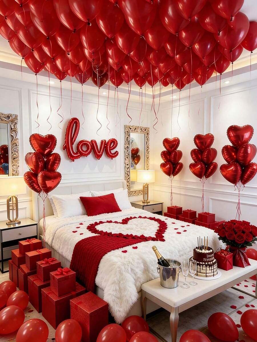 55 pièces/Set Ensemble de ballons en forme de cœur pour la Saint-Valentin - Pétales artificiels rouges + Ballon en feuille d'aluminium rouge en forme de cœur de 18 pouces + Ballons en latex rouges de 10 pouces, Parfait pour la demande en mariage de la Saint-Valentin, la décoration romantique, la décoration d'anniversaire, la décoration de chambre d'hôtel, Veux-tu être ma Valentine - Multicolore - Voir 1