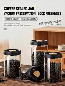 1个带密封盖的玻璃真空咖啡罐，硼硅酸盐玻璃真空密封储物罐，适用于存放咖啡豆、咖啡粉、茶叶、香料、坚果、饼干、谷物和糖，咖啡吧配件，带真空密封套装 - 透明 - 查看 10