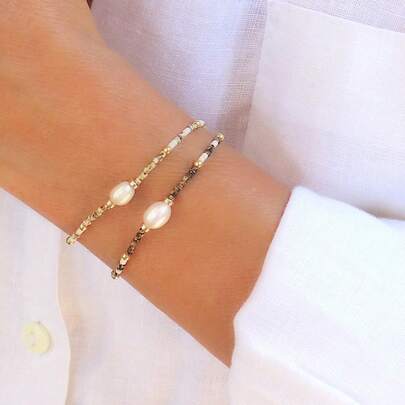 1PC Gold Plated Pearl Beaded Bracelet For Women – Elegant Minimalist Adjustable Chain Bracelet With Oval Pearl Charm, Boho Chic Everyday Jewelry