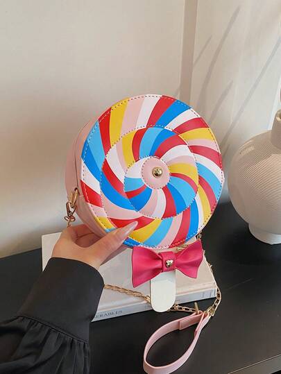 New Stylish Colorful Candy-Inspired Round Bag With A Metal Chain, Featuring A Unique Bow Accent. This Versatile, Sweet, Girly-Style PU Crossbody Bag Is Perfect For Shopping, Commuting, And Parties.