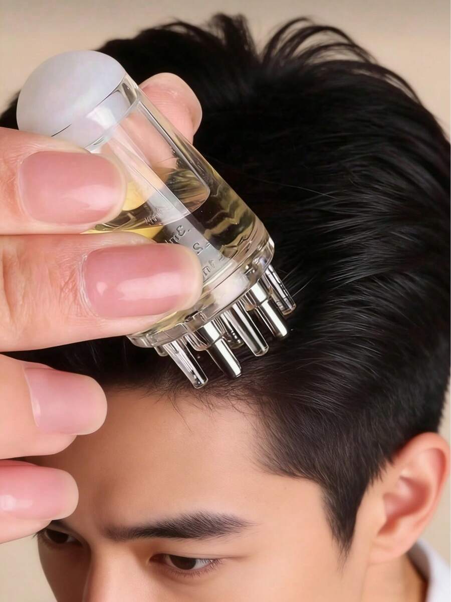 1个小型头皮按摩梳，滋养发根精华梳，精华液，营养液，护发素，精油滴管，可精准滴加液体或精油至发根，发夹，发饰，返校必备，旅行必备，居家必备，SPA，按摩工具，按摩。注意：本产品尺寸较小，其效果取决于添加的液体量。请按压并滚动顶部钢珠。