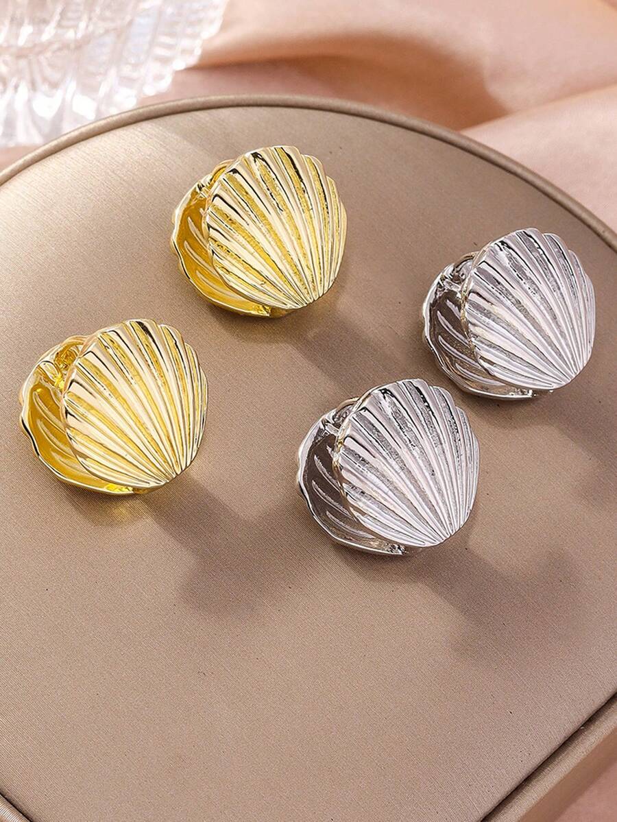 1 Pair Fashion Metal Shell Shaped Hoop Earrings, Minimalist Elegant Design Suitable For Women's Daily Wear, Party, Travel - Small Seashell Earrings - View 1