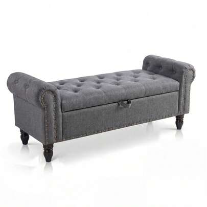 Techigher Ottoman Storage Bench, End Of Bed Storage Box With Wood Legs, Upholstered Bedroom Bench With Button Tufted Design And Rolled Arms, Sofa Bench For Bedroom/Living Room
