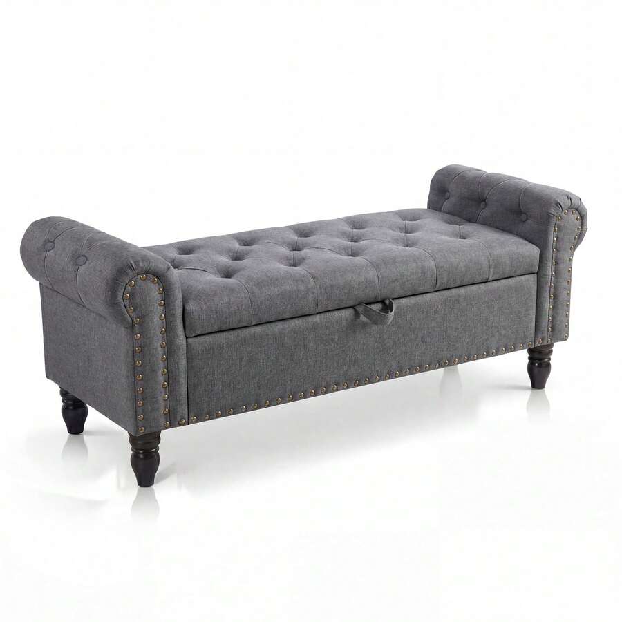 Techigher Ottoman Storage Bench, End Of Bed Storage Box With Wood Legs, Upholstered Bedroom Bench With Button Tufted Design And Rolled Arms, Sofa Bench For Bedroom/Living Room - Grey - View 1