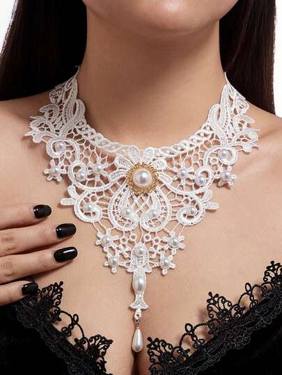 1件装花卉印花优雅涤纶颈链，哥特蕾丝风格，女士款，春夏款