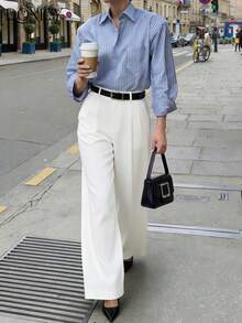 DONICY 女士白色阔腿长裤 时尚休闲裤 带口袋 - 白色 - 查看 5