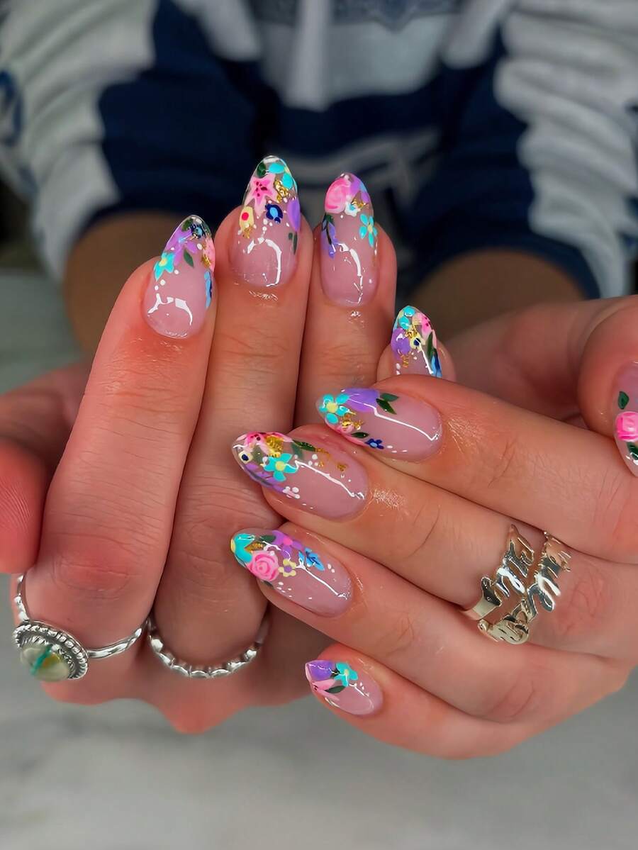 Add A Touch Of Romance With 24 Press On Nails Almond Art Pieces, Hand-Painted Pink Roses For Spring, Small Blue Flowers And Violets For Summer, Cute Nails Art With Gold Foil Decorations, Reusable Fake Nails, Suitable For Girls' Daily Life, Outings And Travel - Multicolor - View 1