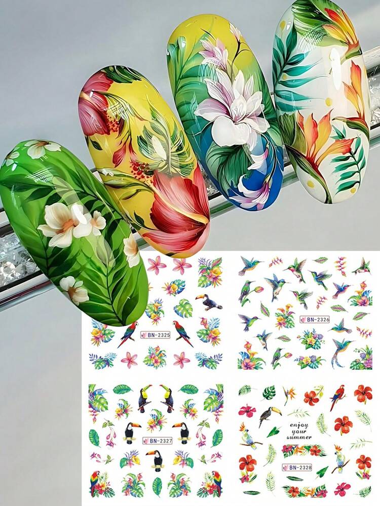 一套12张棕榈叶花卉美甲贴纸，包含玫瑰花、热带雨林植物和鸟类图案，水贴纸，夏日度假风美甲装饰，美甲用品，节日礼物 - 彩色 - 查看 3