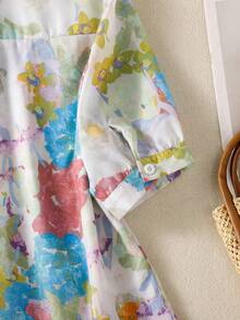 Women's Floral Print Loose Turndown Collar Button Shirt, Elegant Casual Short Sleeve Blouse, Suitable For Spring/Summer Office And Daily Wear Vacation - Green + Blue - View 7