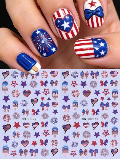 2pcs 4th Of July American Flag Star Heart Firework 3D Nail Art Stickers, Red White Blue Tone, Suitable For Summer Party Nail DIY Decor, Nail Art Supplies