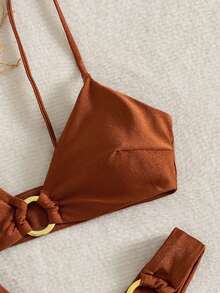Women's Solid Color Metal Ring Detachable Bikini Set With Removable Straps, Summer Vacation Beach - Brown - View 5