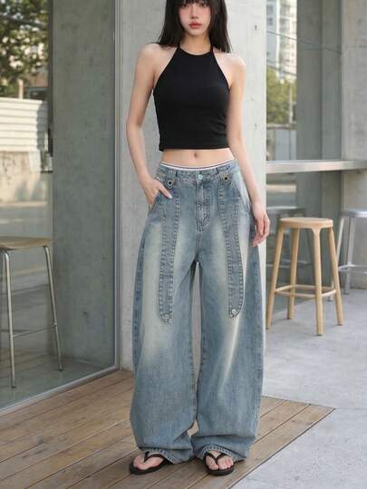 YEAE | Quần jeans ống loe rộng, dáng vintage, màu xanh nhạt, phong cách mùa xuân