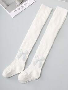 2 piezas Leggings ajustados con estampado de corazón para niñas, decorados con moños, lindos y alegres, apropiados para faldas, versátiles para todas las estaciones - Blanco - Ver 3