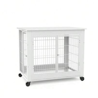 Furniture-Style Dog Crate, Wooden Doghouse With Double Doors, Indoor Kennel With Hinged Roof And Casters For Easy Movement, Vintage Brown, 80 X 56 X 69.5 Cm