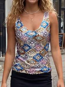 Women Y2K Sequin Tank Tops Contrast Sparkly V Neck Sleeveless Slim Vest Going Out Cami Top Stylish Summer Streetwear Club Party Night Out - Bạc - Xem 3