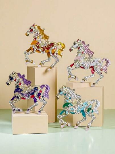 1pc Vintage Style Rhinestone Inlaid Horse Brooch, Enameled Animal Shaped Pin, Versatile Decoration For Clothes, Pants, Scarf, Hat, Shoes