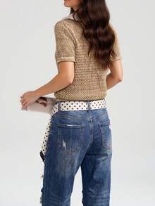 Women's Casual Contrast Color Design Lapel Short Sleeve Top, Summer - Khaki - View 2