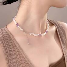 DARA Collier en argent S925 avec pétales de fleurs et perle d'eau douce violette avec cristal, texture délicate, convient pour un port quotidien, emballage cadeau élégant, romantique pour un port personnel ou en cadeau - Multicolore - Voir 5