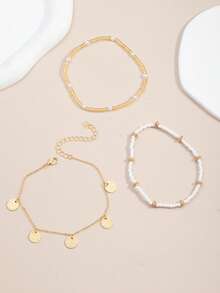 3pcs Simple Gold Round Tassel Bead Anklet, Suitable For Daily Wear And Vacation - Pink 1 - View 3