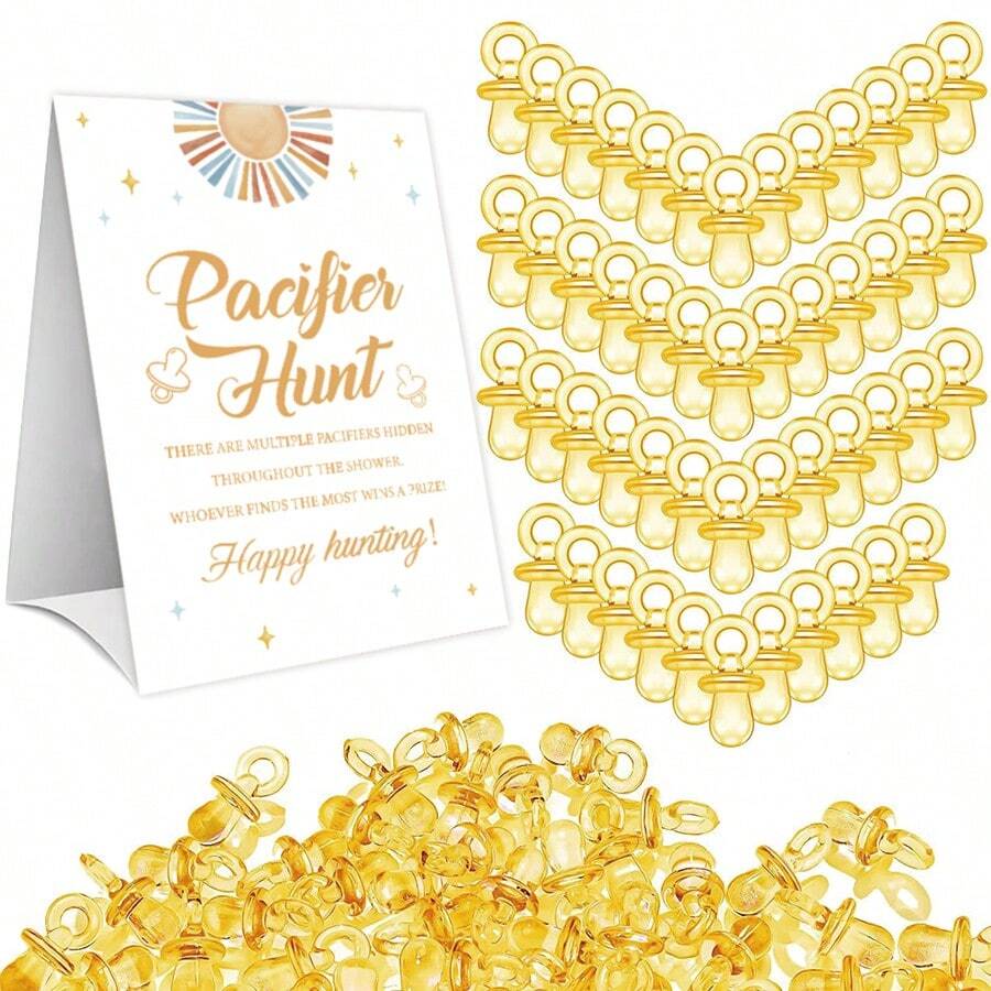 1 Conjunto Jogo de Hora do Banho do Bebê, Inclui Jogo de Caça ao Tesouro de Chupeta, Placa de Jogo de Caça ao Tesouro do Sol e Chupeta Transparente em Miniatura, Adequado para Decoração de Jogos de Chá de Bebê, Decoração de Festa de Revelação de Gênero - Presente Perfeito para Convidados do Banho do Bebê (Amarelo)