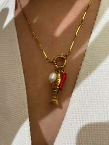 Monlansher New Arrival Women's Stainless Steel Necklace With Unique Fish, Pearl, Chili Pepper Pendant Design, Bohemian Style Fashion Necklace For Holiday, Vacation, And Daily Wear - Multicolor - View 2