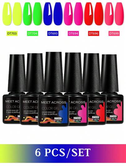 MEET ACROSS 6瓶7.3毫升荧光霓虹色凝胶指甲油套装，不含HEMA和TPO的半永久性可卸UV凝胶指甲油，适合夏季美甲，持久耐用，不含铅，可用于DIY美甲设计，所有产品均可用于装饰，美甲沙龙和家庭美甲用品套装