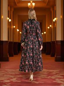 DEVCHATA Vestido formal con falda de jacquard floral sobresizada elegante para mujer, vestido de fiesta de manga larga con cuello de encaje para mujer, adecuado para banquetes, fiestas, vacaciones, Año Nuevo y otras ocasiones (patrón floral aleatorio) - Negro - Ver 3