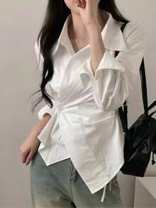 【セクシー甘クール Y2K】春秋 韓国デザイン ストライプ 不規則ウエスト シャツ レディース 長袖 オープンカラー ラップデザイン スリムフィット シャーリング アシンメトリー コットンブレンド 通気性 カジュアル セクシー甘ク - 青いストライプ - チェックする 5