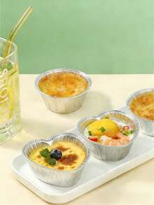 50个心形锡箔杯带盖，锡箔烘焙杯，适用于虾、拉丝蛋、布丁、蛋挞等，可重复使用耐高温锡箔烘焙杯，带塑料盖 - 銀色 - 查看 1