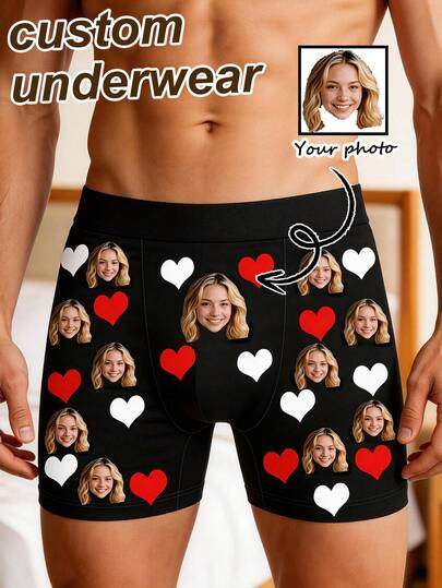 1 pieza Calzoncillos elásticos suaves personalizables de color negro con estampado de corazón rojo y blanco en un solo lado, ajuste cómodo y casual, adecuado para uso diario/regalo de San Valentín para novio, pareja y amigos cercanos