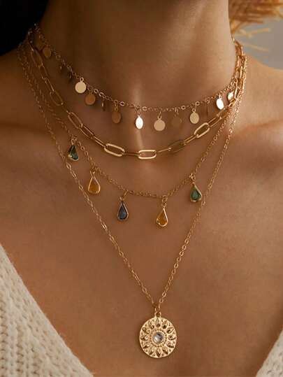 Collar de mujer bohemio vintage de oro con múltiples capas, gargantilla delicada con moneda, colgante de lágrima colorida y medallón de sol, joyería de festival