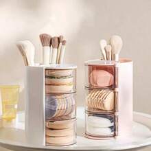2-In-1 Powder Puff Storage Box, Rotating Makeup Brush Holder, Makeup Pad Pad & Sponge Organizer - White Three-layer Storage Box - View 10