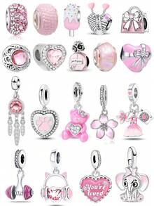 1件银色浪漫粉色珠子吊坠，心形、包包、香水、礼物、小熊、大象、花朵、连衣裙等图案，适合手链、项链DIY首饰制作，是送给女孩和女性的精美礼物。 - 粉色 - 查看 10