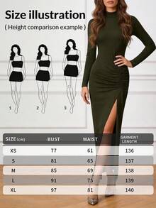 EARO 女士春夏性感高开衩褶皱紧身连衣裙，高领长袖休闲派对连衣裙，优雅 - 墨綠色 - 查看 6