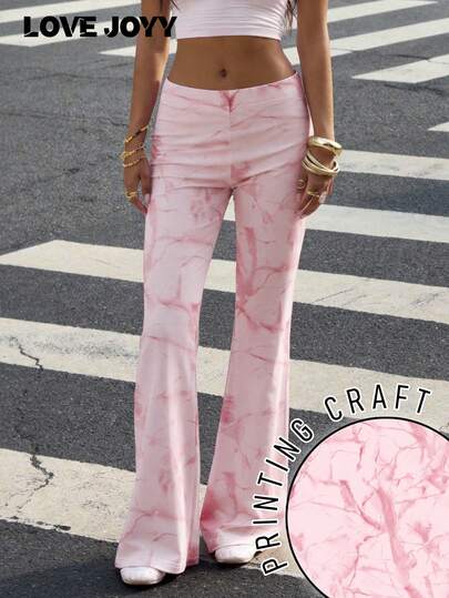 Calça Casual Elegante Rosa com Babado LOVE JOYY para Mulheres, Calça Longa com Cintura Alta Afunilada, Adequada para Férias de Verão, Uso Externo e Diário