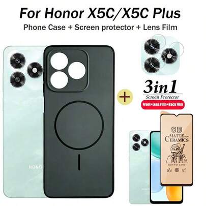适用于荣耀X5C Plus的3合1手机壳，防震，磨砂保护壳+全屏陶瓷保护膜+镜头膜