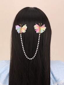 1pc Colorful Butterfly & Faux Pearl Tassel Chain Hair Clip, Fashion Hair Accessory For Girls, Suitable For Daily Wear, Spring/Summer, Party (Butterfly Color Random) - Multicolor - View 6