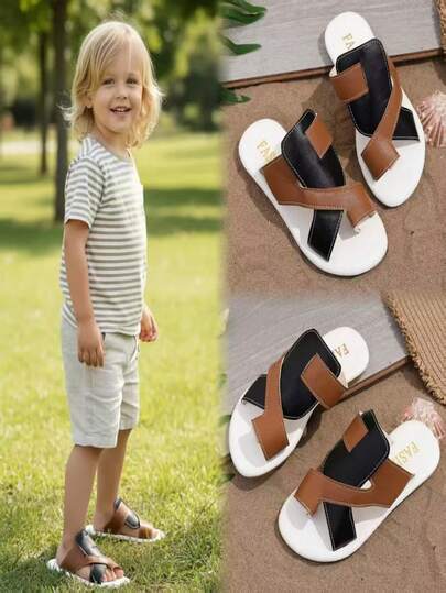 1 đôi dép thời trang trẻ em phối màu đen trắng, chất liệu da và vải mềm mại, thoải mái, mũi tròn, đế chống trơn trượt, kiểu dáng xỏ chân tiện lợi, thời trang và dễ thương cho sử dụng hàng ngày, kỳ nghỉ, đi biển, mùa xuân/hè 2026.