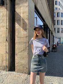 Minifalda vaquera de cintura alta, unicolor, ajustada y casual para mujeres, primavera/verano - Azul - Ver 3