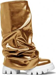Women's Platform Round Toe Mid Calf Boots With Chunky Heel - M-gold - View 2