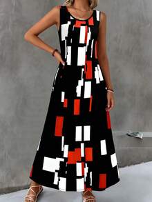 Plus Size Pocket All Over Print Summer Dress Vacation Casual Daily Wear Spring Summer Outfits Sleeveless Geometric Print Long Dress Elegant - Multicolor - View 4