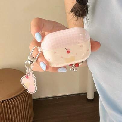 Funda minimalista para iPhone Pro 3/Pro 2 con estampado rosa a cuadros, cereza y pastel, funda protectora personalizada para auriculares de Apple 4/3 con diseño lindo para mujeres