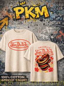 Graphic T-Shirt Vons Dutch Dragon Print Design Everyday Casual Streetwear Machine Washable Regular Fit All Season Top Weekend Outfit Playful Fashion Durable Shirt Short Sleeve Shirt - 杏色 - 查看 1