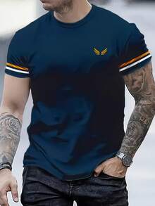 海军蓝翅膀3D印花T恤 | 条纹袖口休闲短袖衬衫 - 彩色 - 查看 2