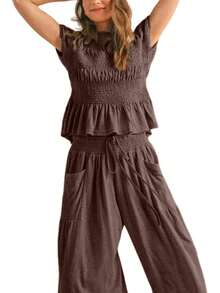 Women's Solid Color Two Piece Set 2026 Spring Summer Daily Loungewear Cropped Top High Waist Wide Leg Pants - 咖啡色 - 查看 4