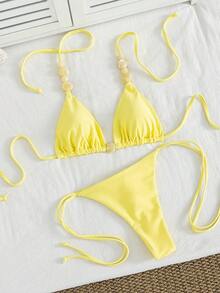 Conjunto de bikini de mujer con cuentas y cuello halter - Traje de baño de dos piezas amarillo con Bottom atada a los lados para verano y vacaciones en la playa - Amarillo - Ver 10