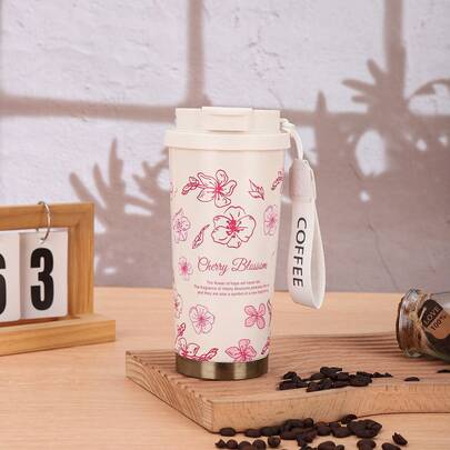 1个500毫升粉/白樱花图案保温咖啡杯，优雅花卉造型，SUS304不锈钢材质，高圆柱形，二合一饮用盖，防漏便携旅行杯，带腕带，适用于冰咖啡、茶、日常通勤、办公、送礼及四季皆宜。